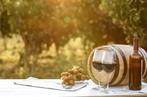 Composition with barrel of wine and snacks on table at vineyard, space for text